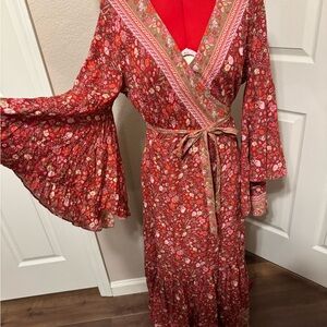 Floral Red Wrap Dress with Bell Sleeves
